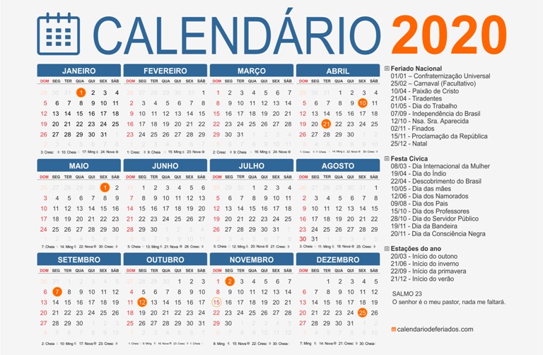calendário de feriados 2020