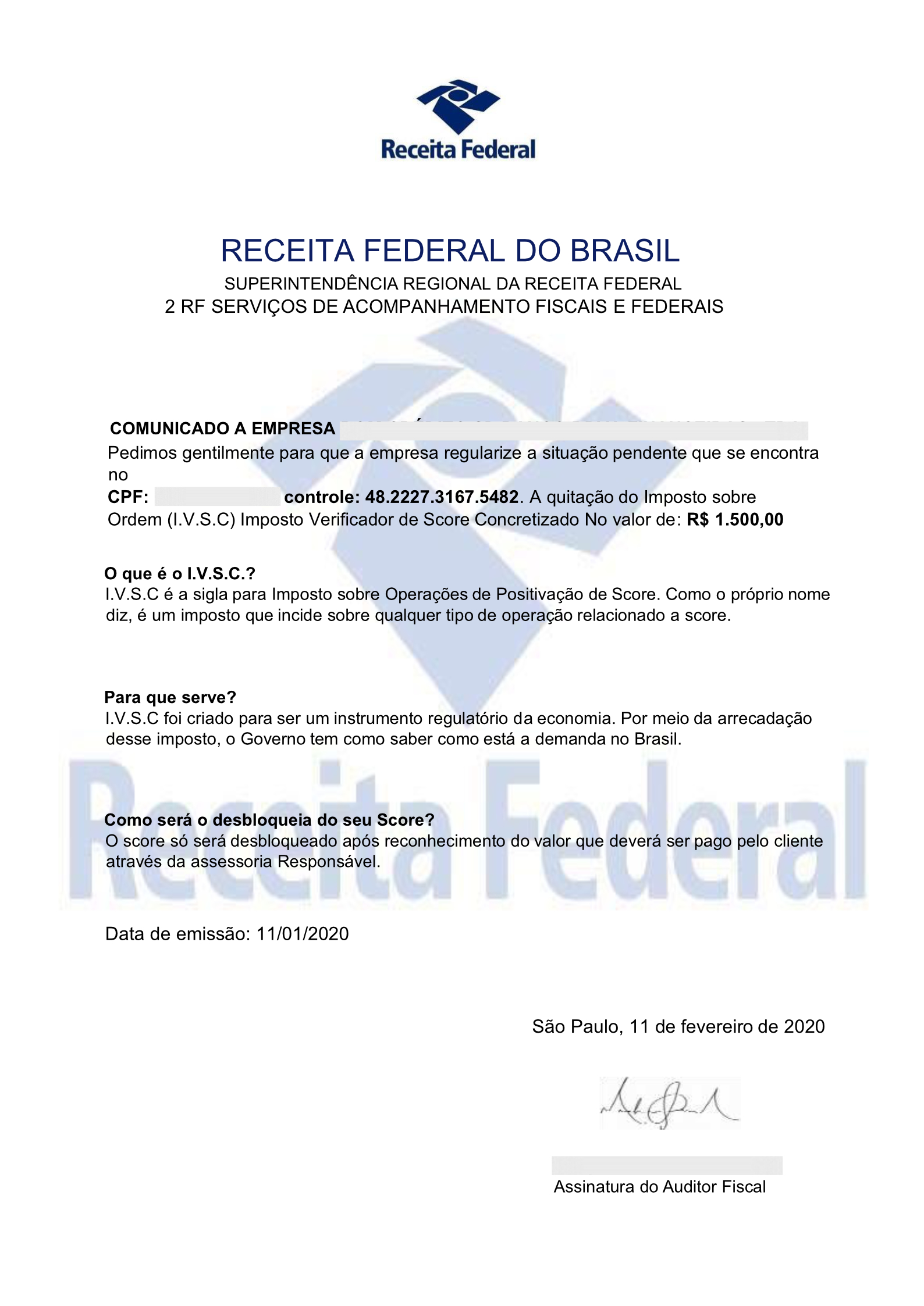 Comunicado falso da Receita Federal pede pagamento de Imposto sobre Operações de de Score