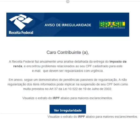 E-mail falso da Receita afirma que CPF está irregular